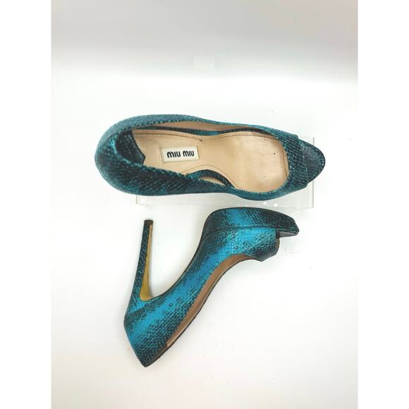Miu Miu Teal Snakeskin Embossed Leather Peep Toe pump size 37 - Picture 10 of 11